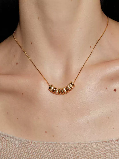 18k gold plated flat bead with diamond inlay necklace