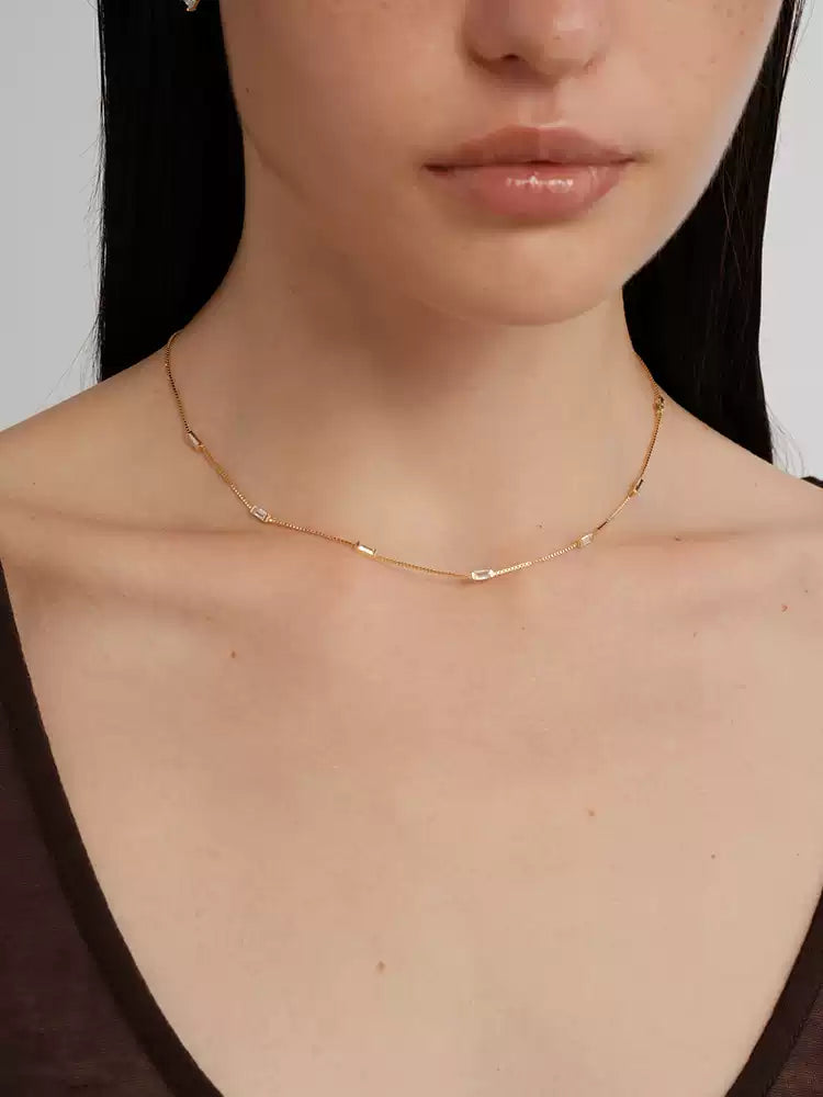 S925 pure silver thin strip square diamond exquisite collar necklace