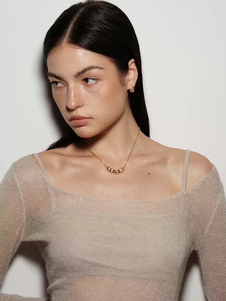 18k gold plated flat bead with diamond inlay necklace