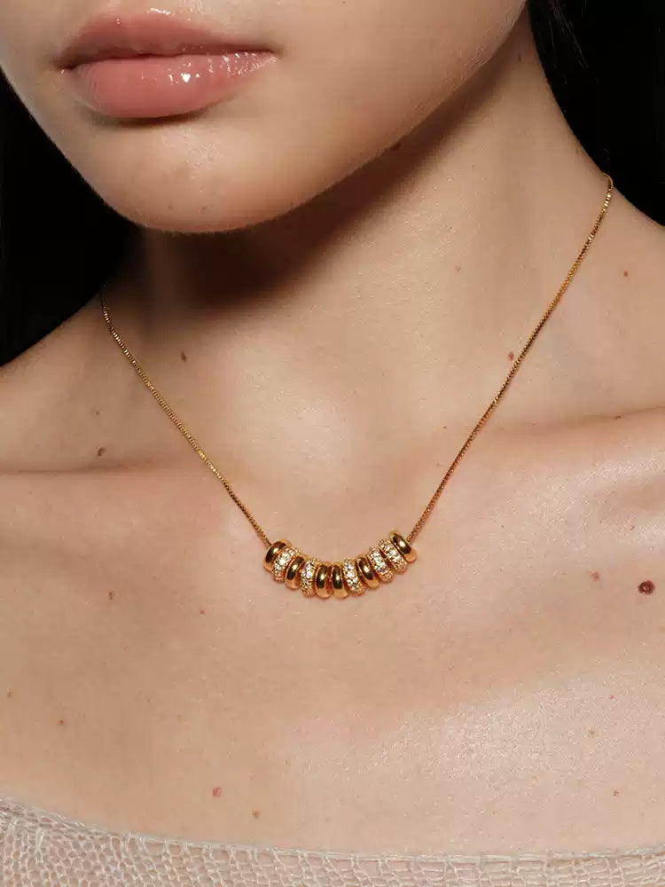 18k gold plated flat bead with diamond inlay necklace