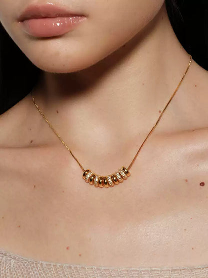 18k gold plated flat bead with diamond inlay necklace