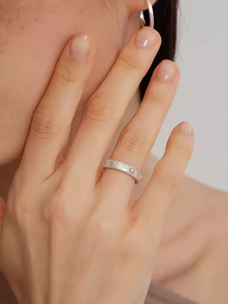 S925 pure silver brushed handcrafted retro sunflower diamond-encrusted texture ring