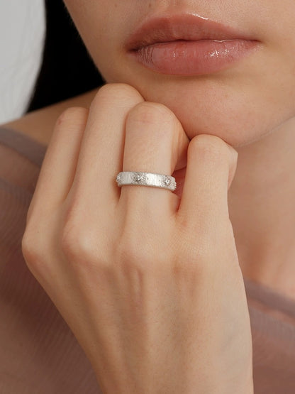 S925 pure silver brushed handcrafted retro sunflower diamond-encrusted texture ring