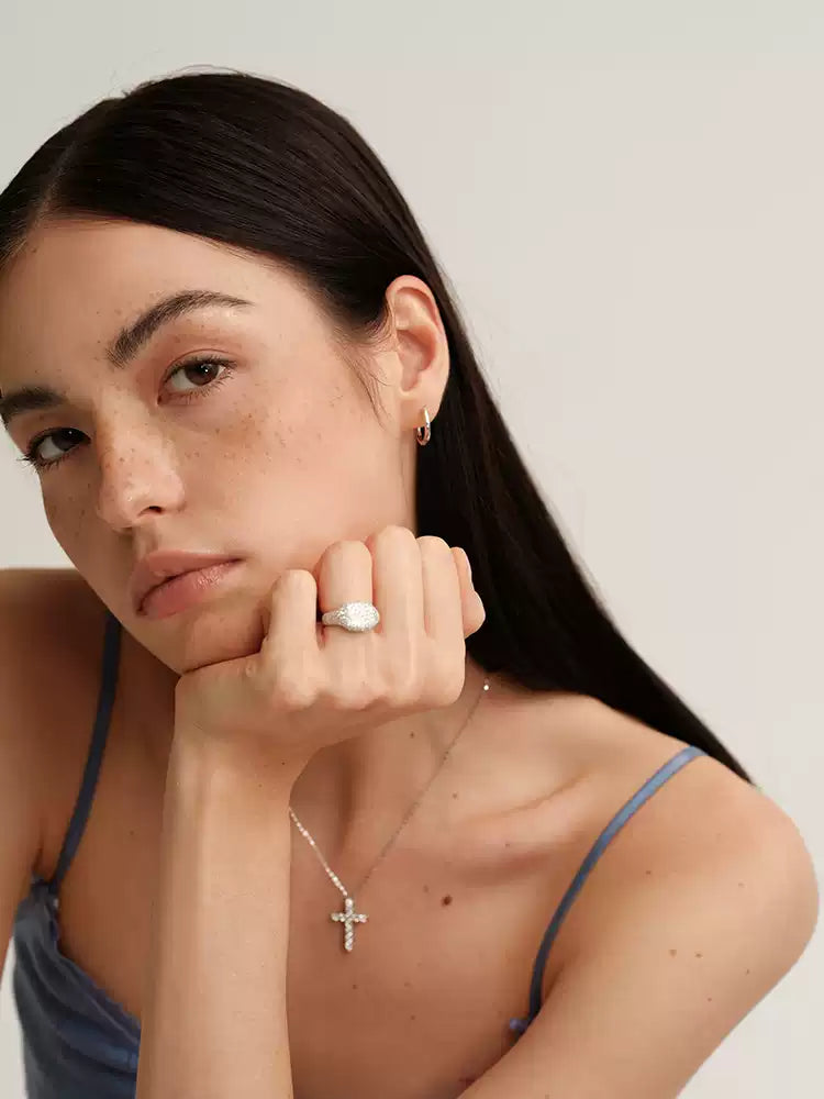 S925 pure silver star-shaped full-diamond oval ring