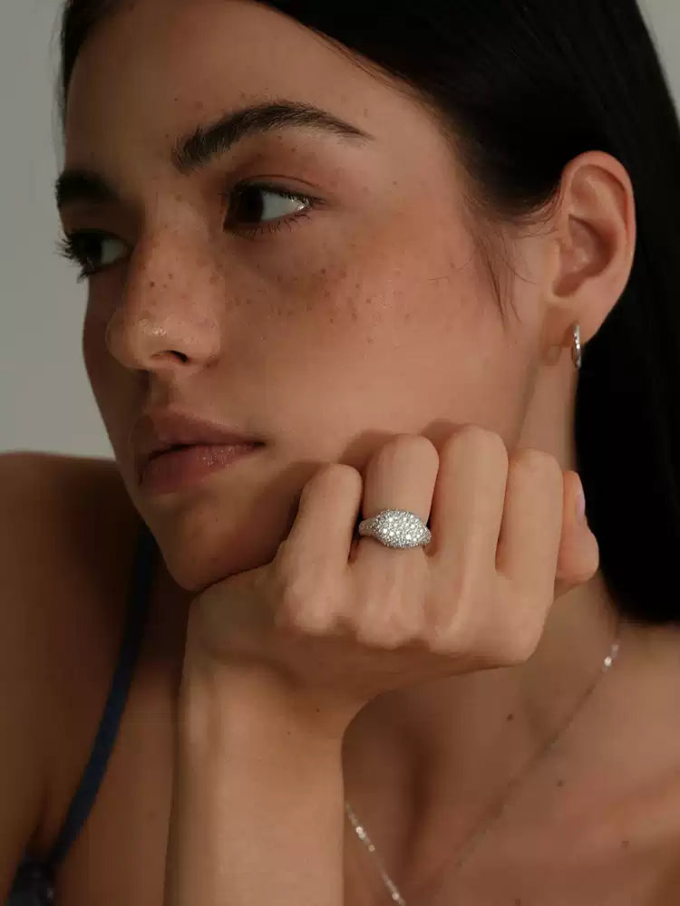 S925 pure silver star-shaped full-diamond oval ring