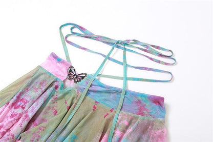 Flared sleeve tie dye o ring self tie halter low cut mini skirt set