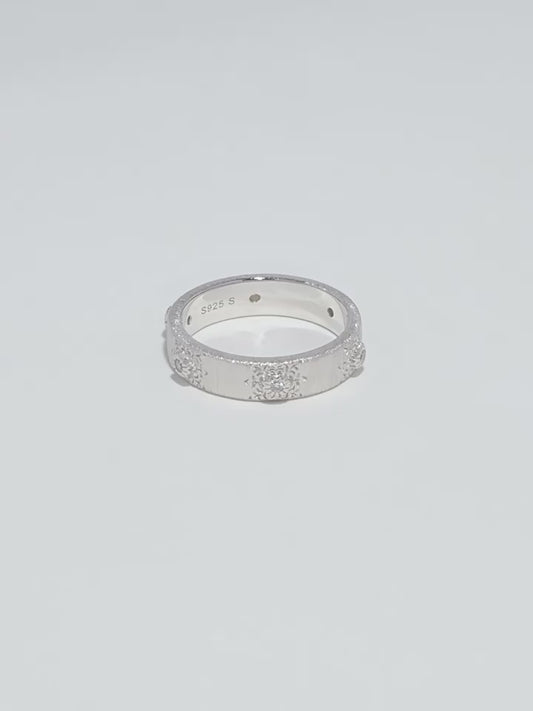 S925 pure silver brushed handcrafted retro sunflower diamond-encrusted texture ring