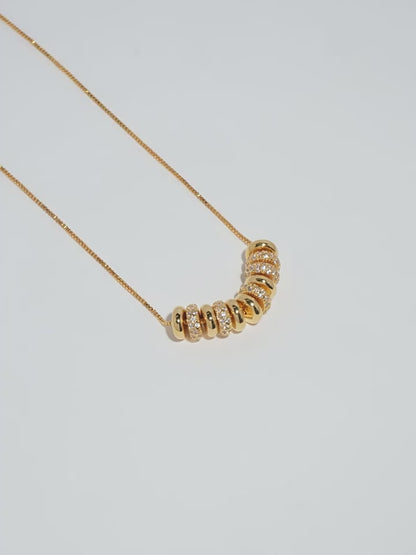 18k gold plated flat bead with diamond inlay necklace